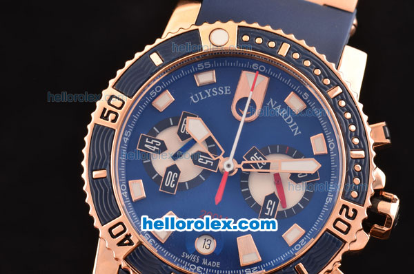 Ulysse Nardin Maxi Marine Diver Chrono OS20 Miyota Quartz Rose Gold Case with Blue Dial and Blue Rubber Strap - 7750 Coating - Click Image to Close